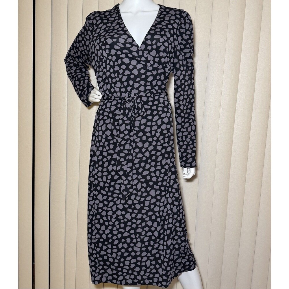 Ann Taylor Size 12 Abstract Print Belted Midi Dress Black Gray Long Sleeve